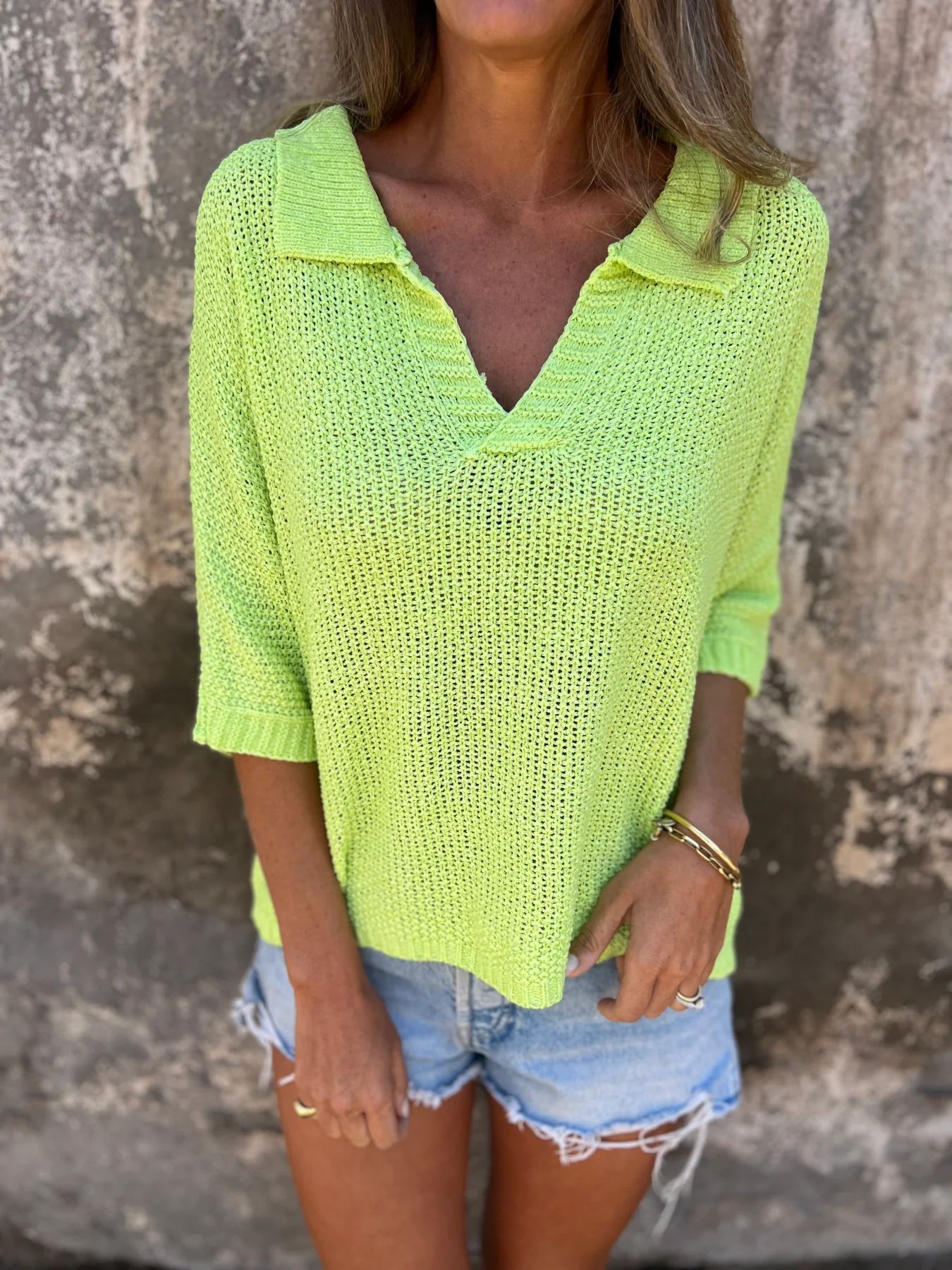Pull en maille uni à manches trois-quarts pour femme