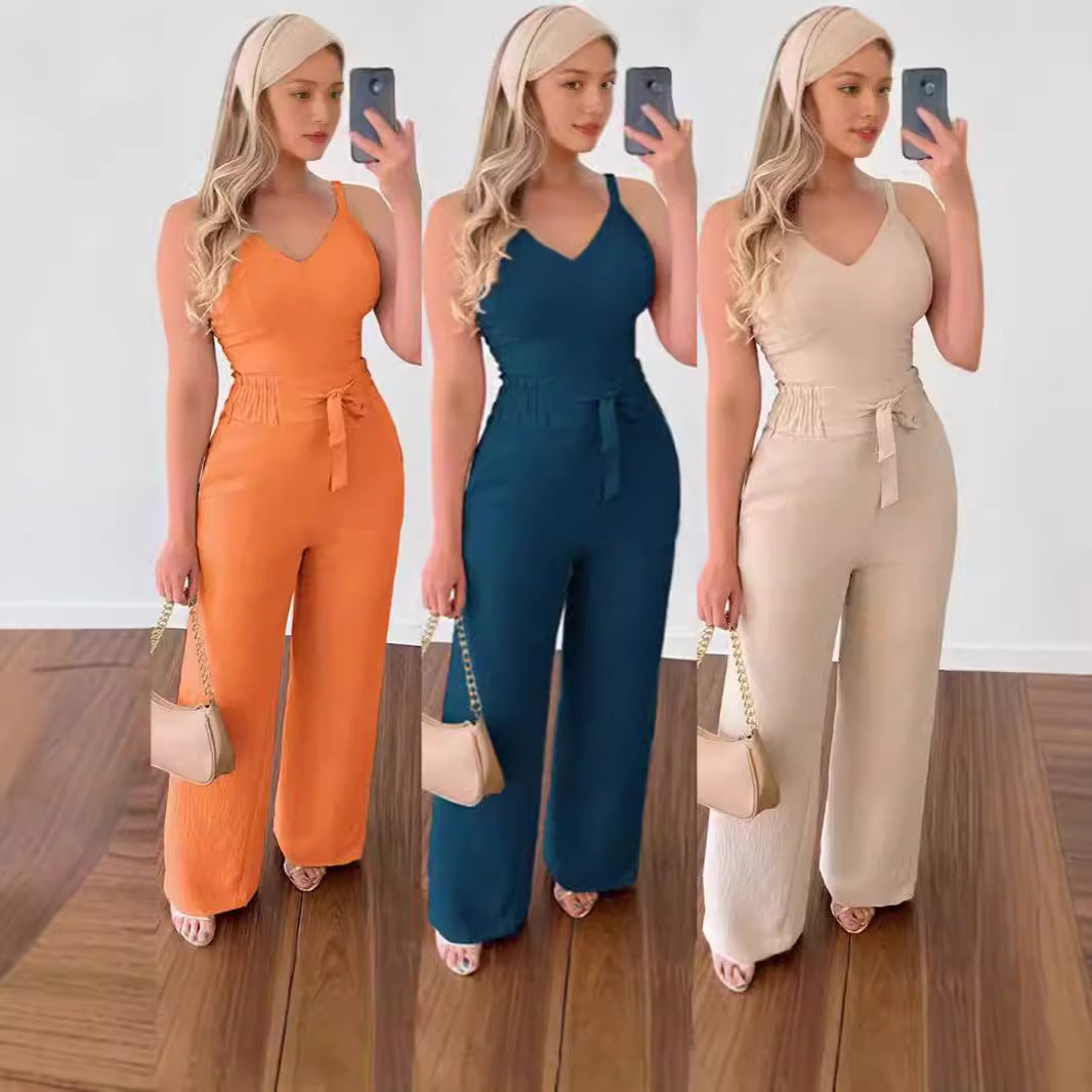 Costume deux pièces plissé élastique mince de couleur unie pour femmes