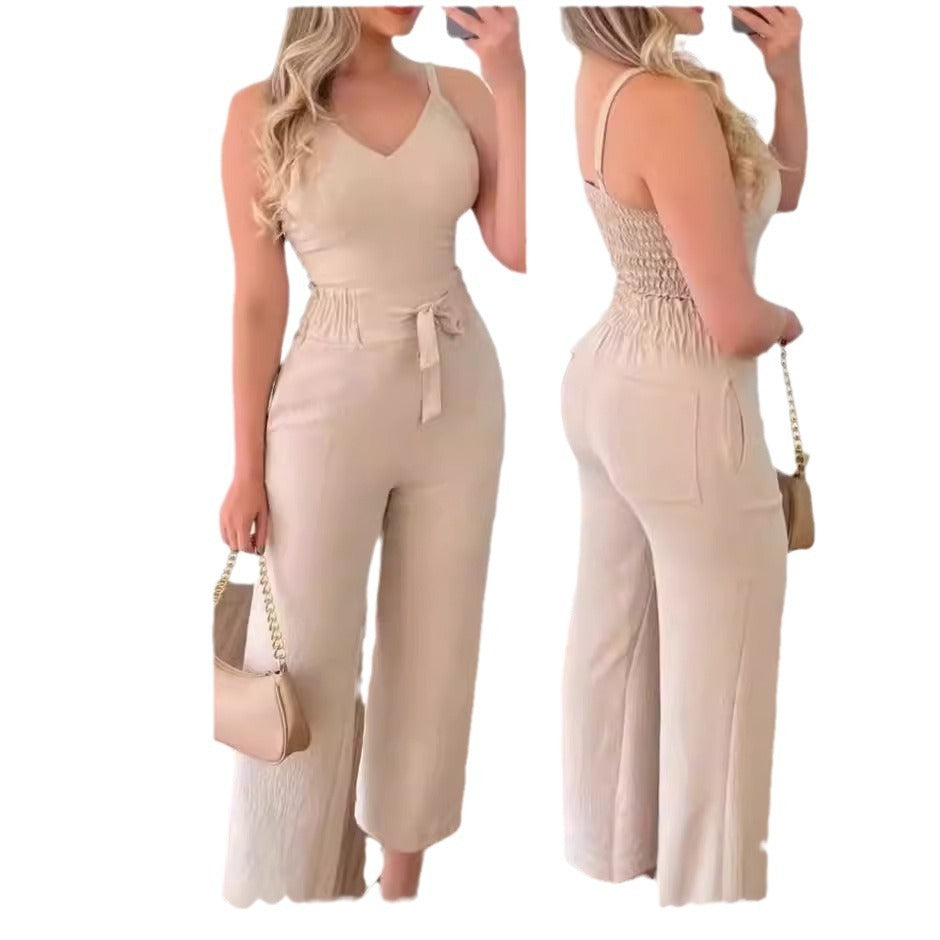 Costume deux pièces plissé élastique mince de couleur unie pour femmes