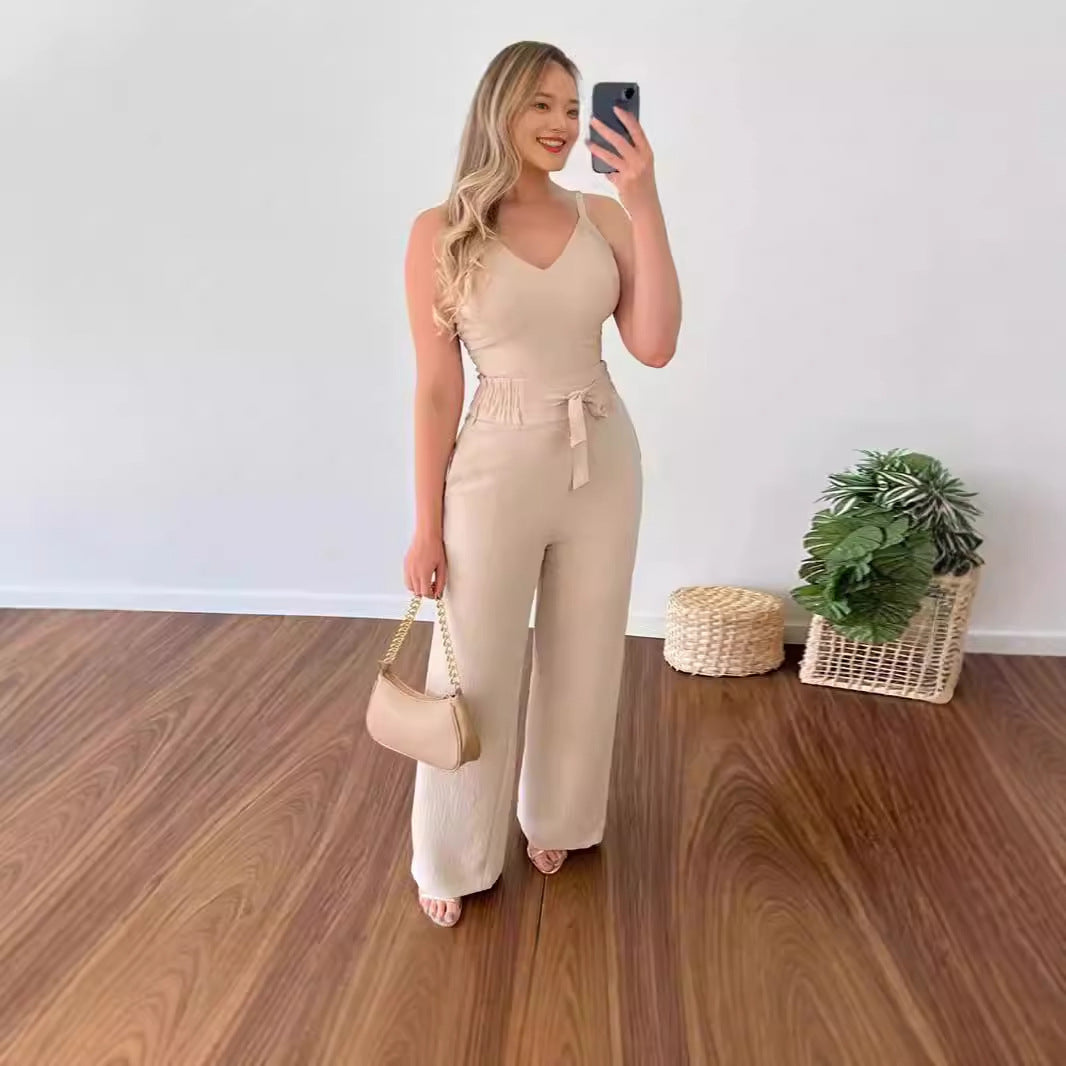 Costume deux pièces plissé élastique mince de couleur unie pour femmes