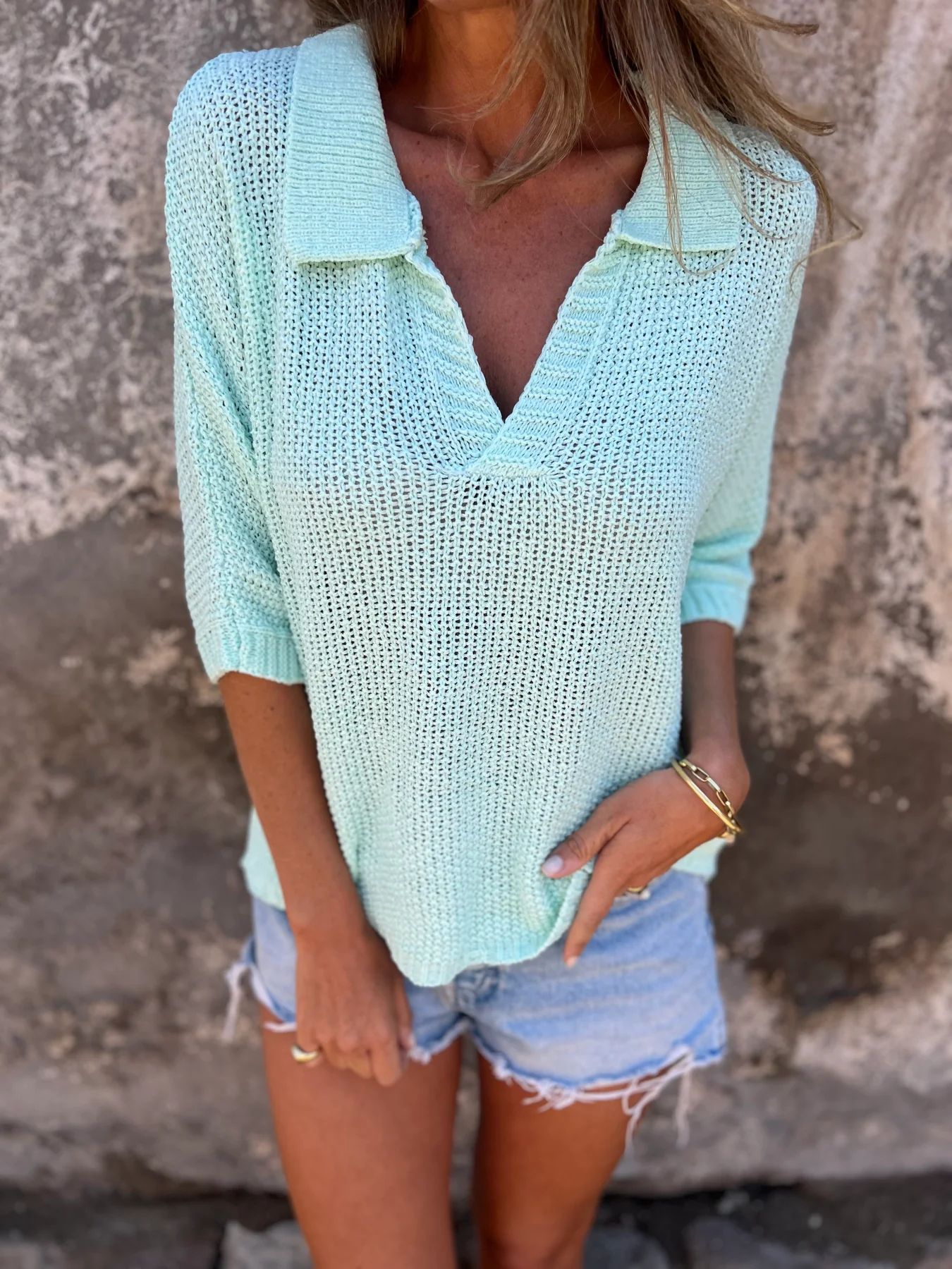 Pull en maille uni à manches trois-quarts pour femme
