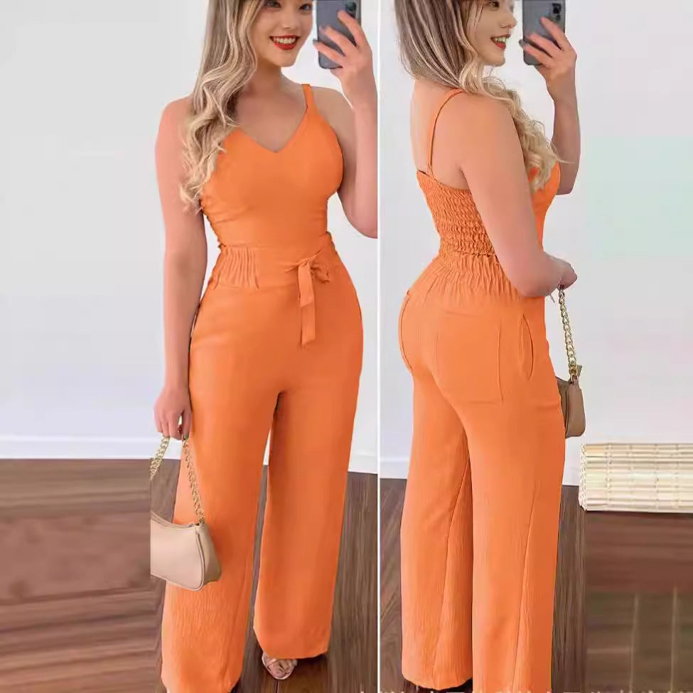 Costume deux pièces plissé élastique mince de couleur unie pour femmes