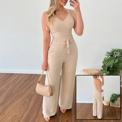 Costume deux pièces plissé élastique mince de couleur unie pour femmes
