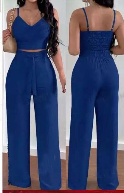 Costume deux pièces plissé élastique mince de couleur unie pour femmes
